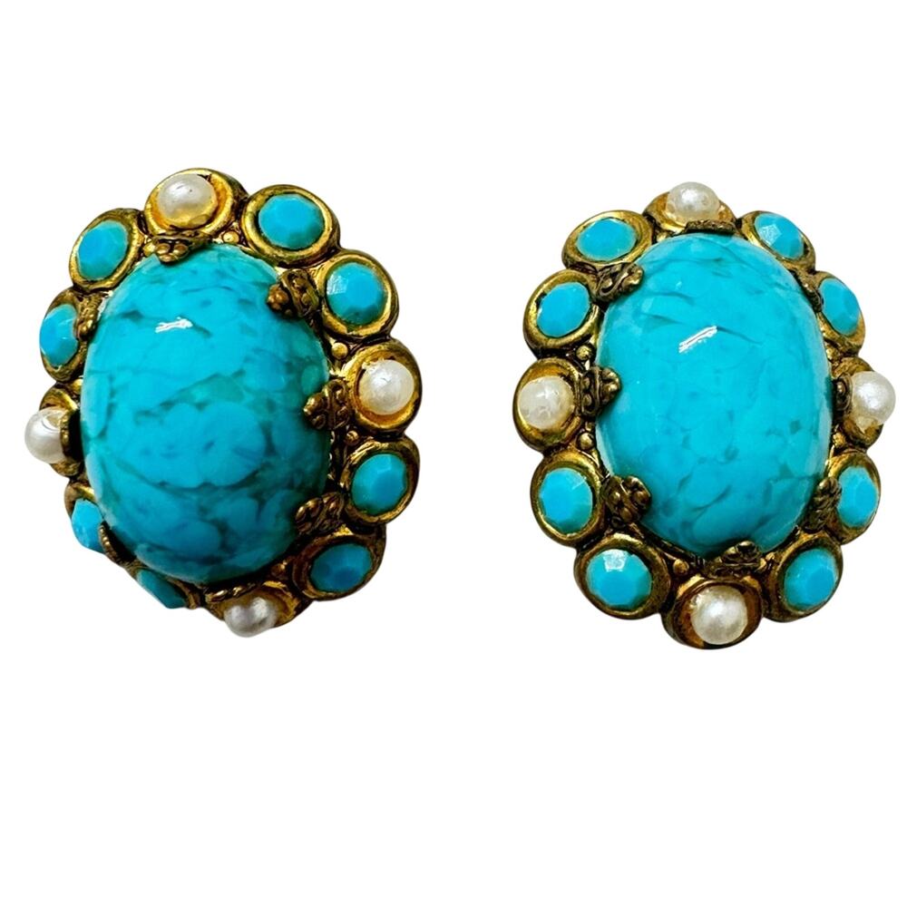 Vintage Faux Turquoise Gold Tone Clip On Earrings Womens Estate West Germany